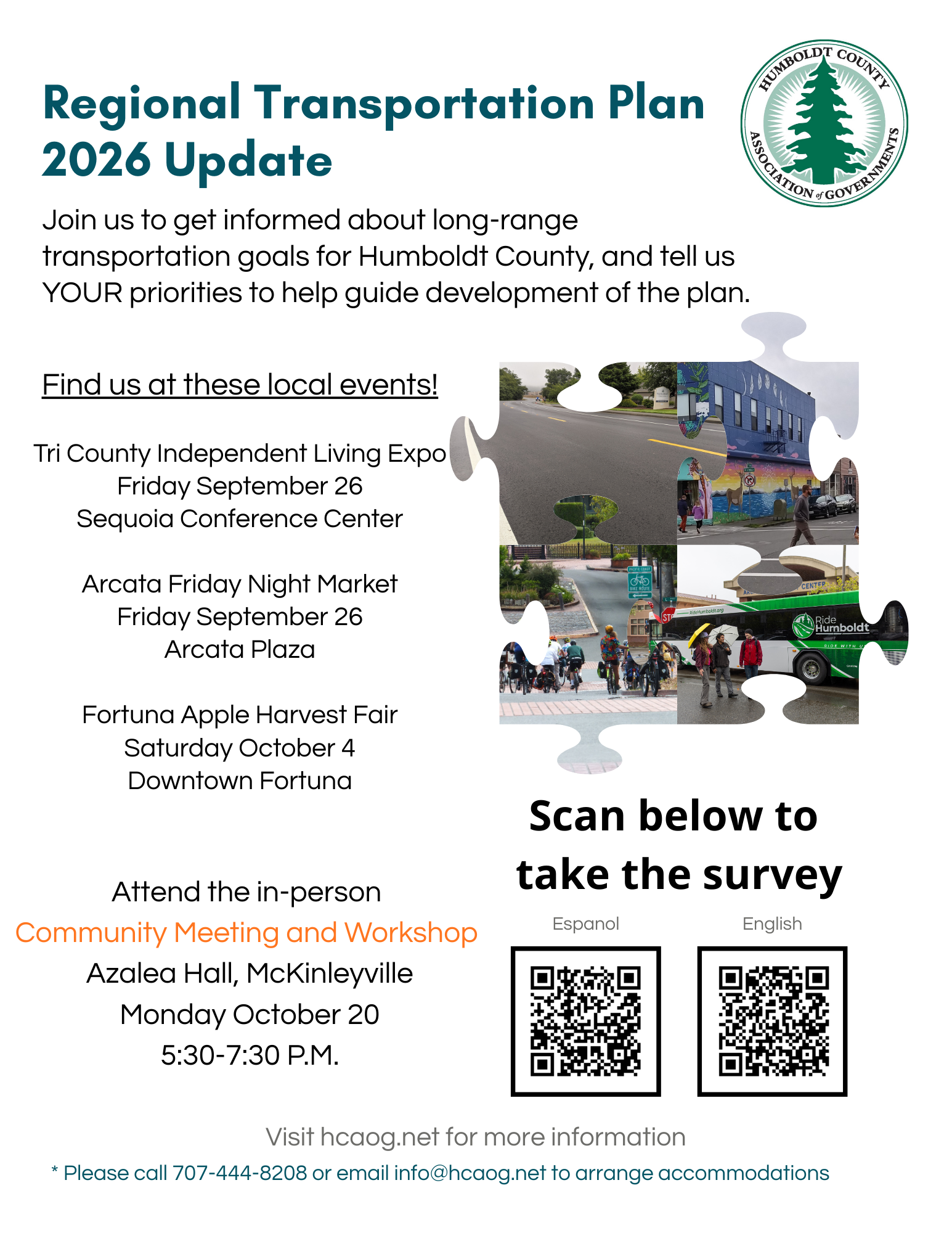 Flyer for the RTP update listing dates of events and QR codes to take the survey. Pictures of transportation elements are formatted as puzzle pieces