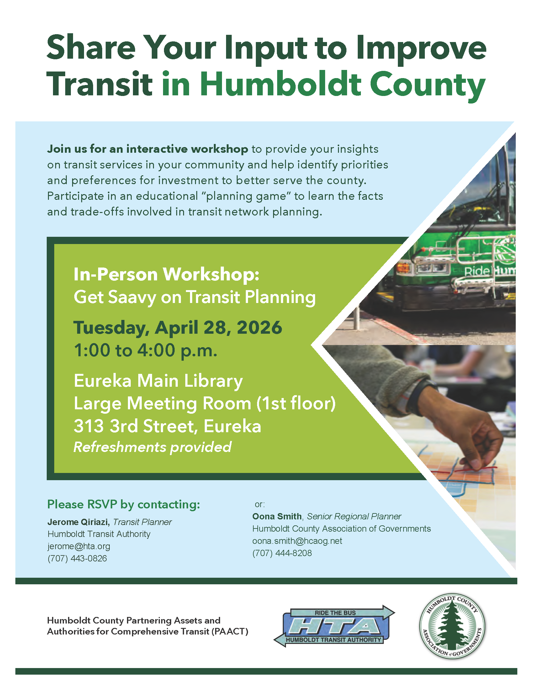 flyer for April 28, 2026, in-person, interactive workshop, "Get Saavy on Transit Planning" at the Eureka Main Library. Hosted by HCAOG + HTA.