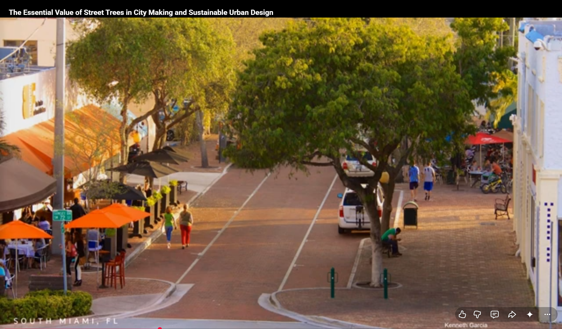 Tree-lined city street with wide sidewalks, outdoor seating, brick-colored pavements, and people walking on sidewalk and down roadway (South Miami, FL).