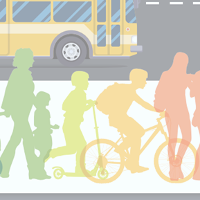 Graphic of people walking and rolling, many ages and abilities