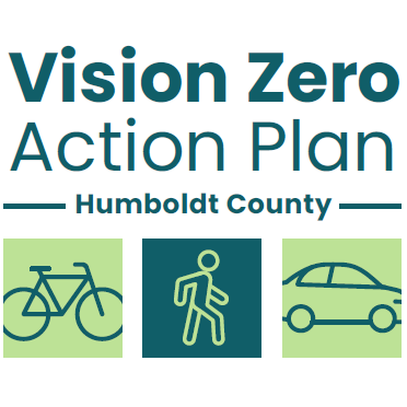 Vision Zero Action Plan Humboldt County Blue and Green logo with bicyle, pedestrian and car graphics