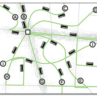 Illustration of a transit network with many buses on many streets 