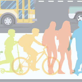 Graphic of people walking and rolling, many ages and abilities