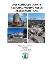 Cover page of the 2026 Humboldt County Regional Housing Needs Assessment Plan, 7th Cycle Housing Element 2027–2035, adopted May 21, 2026. Features four photographs of residential and mixed-use construction in Humboldt County, including a completed multi-story apartment building, aerial views of a neighborhood and active construction site, and a row of new single-family homes. HCAOG seal at bottom.