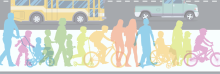 A colorful graphic of a variety of ages and abilities walking, rolling, and bicycling; in the background, a bus and a truck are in the travel lane.
